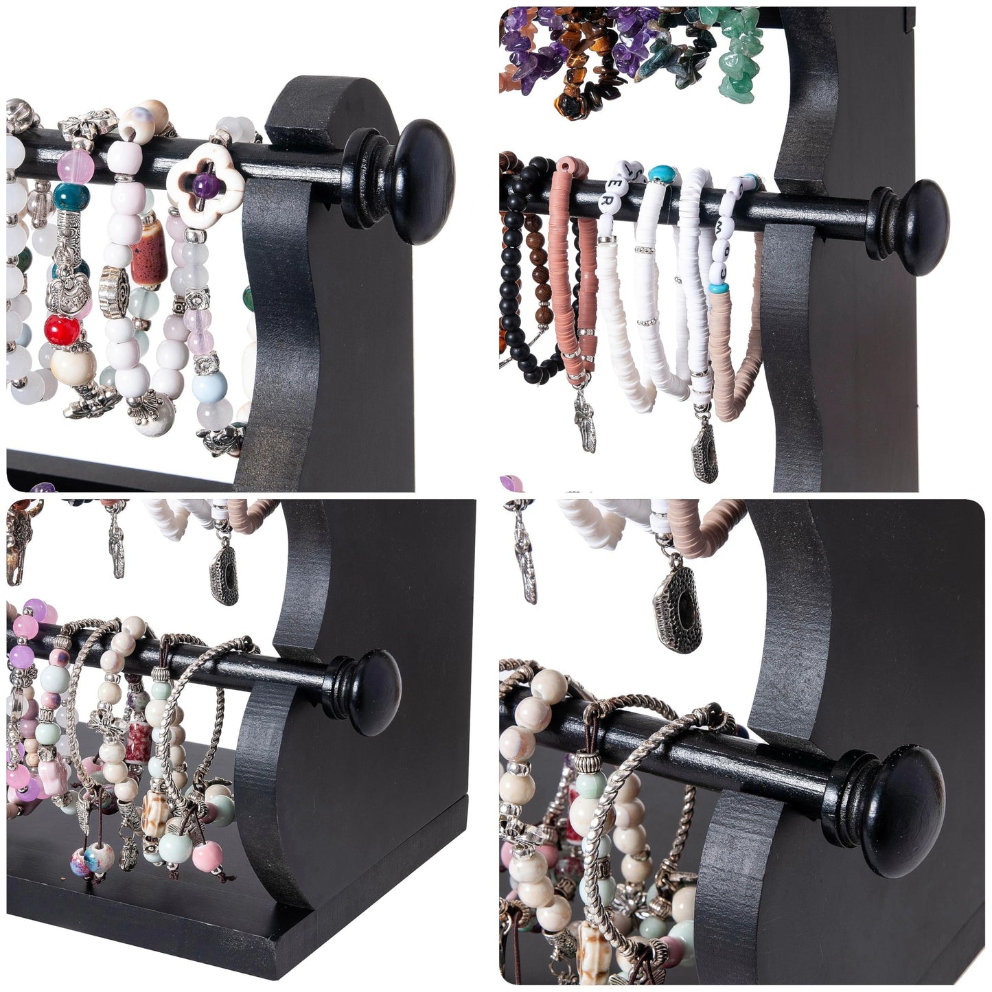 4 Tier Wooden Bracelet Holder, Bangle Watch Necklace Display Storage Antique Bracelet Display Stand Jewelry Holder Stand for Store, Showcase and Home Storage Black 4 Tier Wooden Bracelet Holder