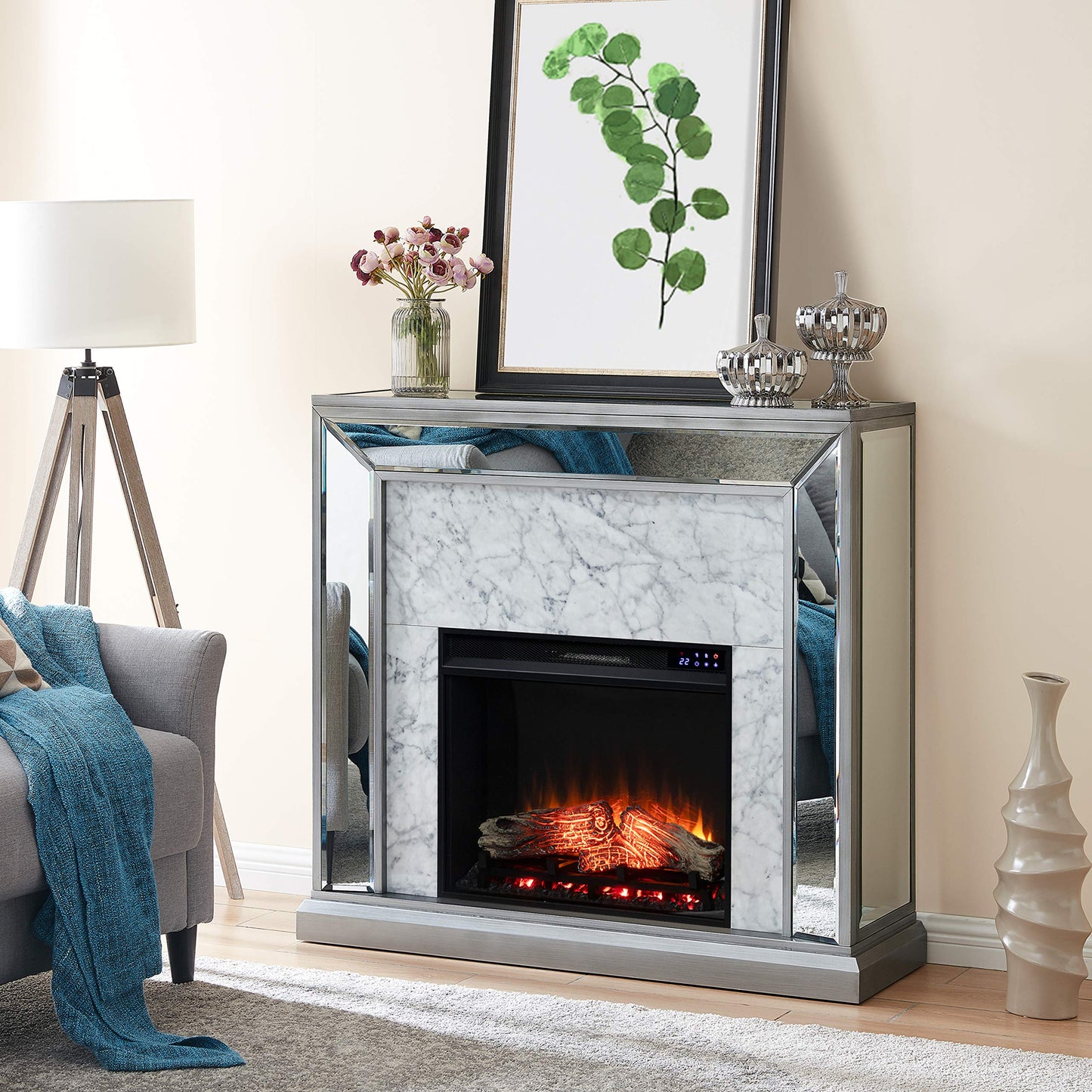 SEI Furniture - Trandling Mirrored Touch Screen Electric Fireplace with Faux Marble - Transitional Design, Grey Glass and Wood - Ideal for Living Room, Bedroom (FR1027359)