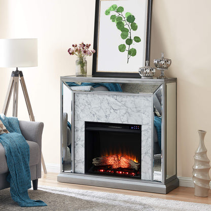 SEI Furniture - Trandling Mirrored Touch Screen Electric Fireplace with Faux Marble - Transitional Design, Grey Glass and Wood - Ideal for Living Room, Bedroom (FR1027359)