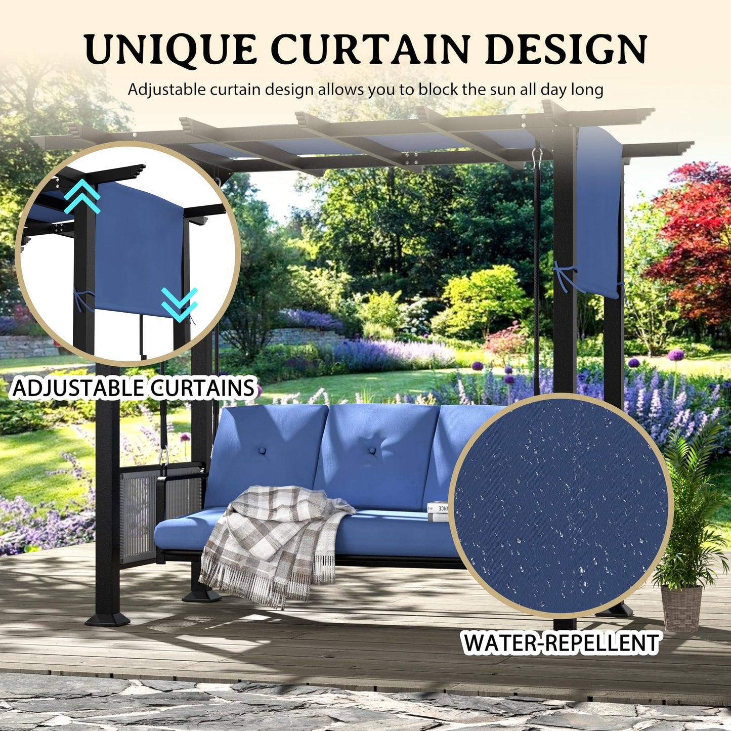 BlueWish 3-Seat Porch Swing, Outdoor Metal Pergola Swing Bed Hanging Cloud Swing Chair with Adjustable Curtains, Patio Hammock Swinging with Cushion for Porch, Backyard, Garden, Blue