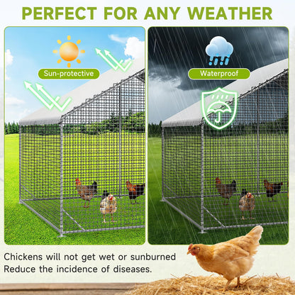 Large Walk-in Chicken Coop with Chicken Run, Galvanized Poultry Enclosure with Waterproof Anti-UV Cover and Security Lock, Ideal for Rabbit, Duck, Backyard and Farm Yard，13.1'x 9.8'x 6.6'