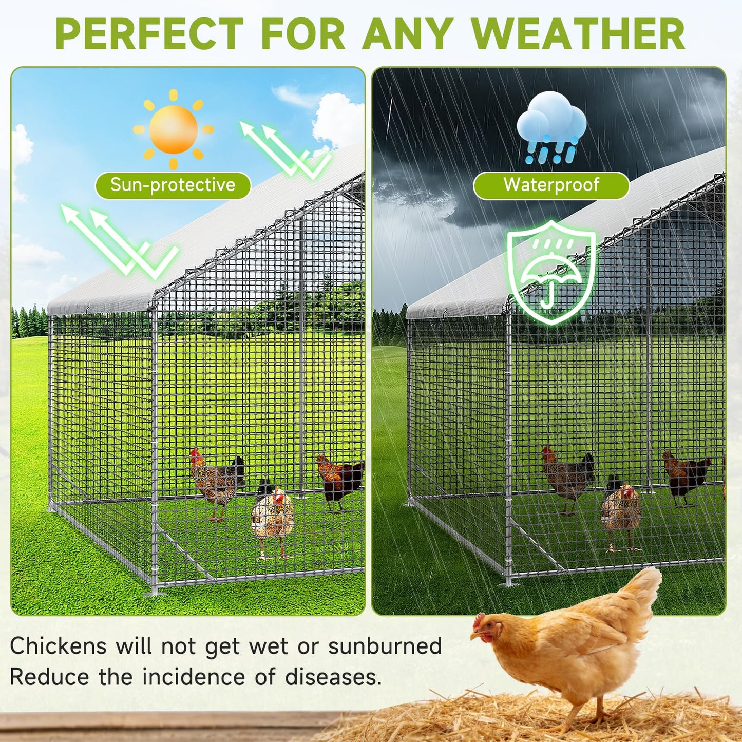 LEVELEVE Large Walk-in Chicken Coop with Chicken Run, Galvanized Poultry Enclosure with Waterproof Anti-UV Cover and Security Lock, Ideal for Rabbit, Duck, Backyard and Farm Yard, 19.7'x 9.8'x 6.6'