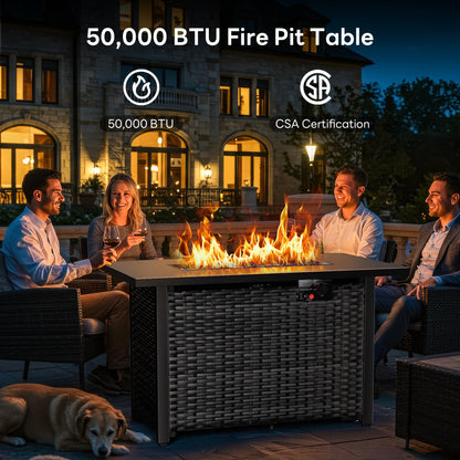 43” Outdoor Propane Fire Pit Table, 50,000 BTU Square Rattan Gas Fire Pit with Lid & Blue Crystal Stones, Steel Tabletop, Adjustable Flame, 4-in-1 FirePit Table for Patio, Backyard, Outdoor Gatherings