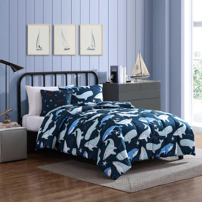 Nautica Kids - Finnian Whales Navy Kids Comforter Set, Soft Bedding with Matching Shams & Throw Pillow, 4-Piece, Navy, Full/Queen