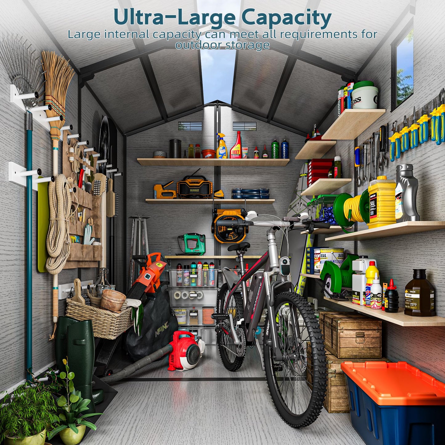 WUKHG 6X8 FT Resin Shed, Plastic Shed with Floor & Drainage Channel for Bikes, Furniture, Gardening Tools, Lockable Double Door Outdoor Storage Sheds Suitable for Backyard