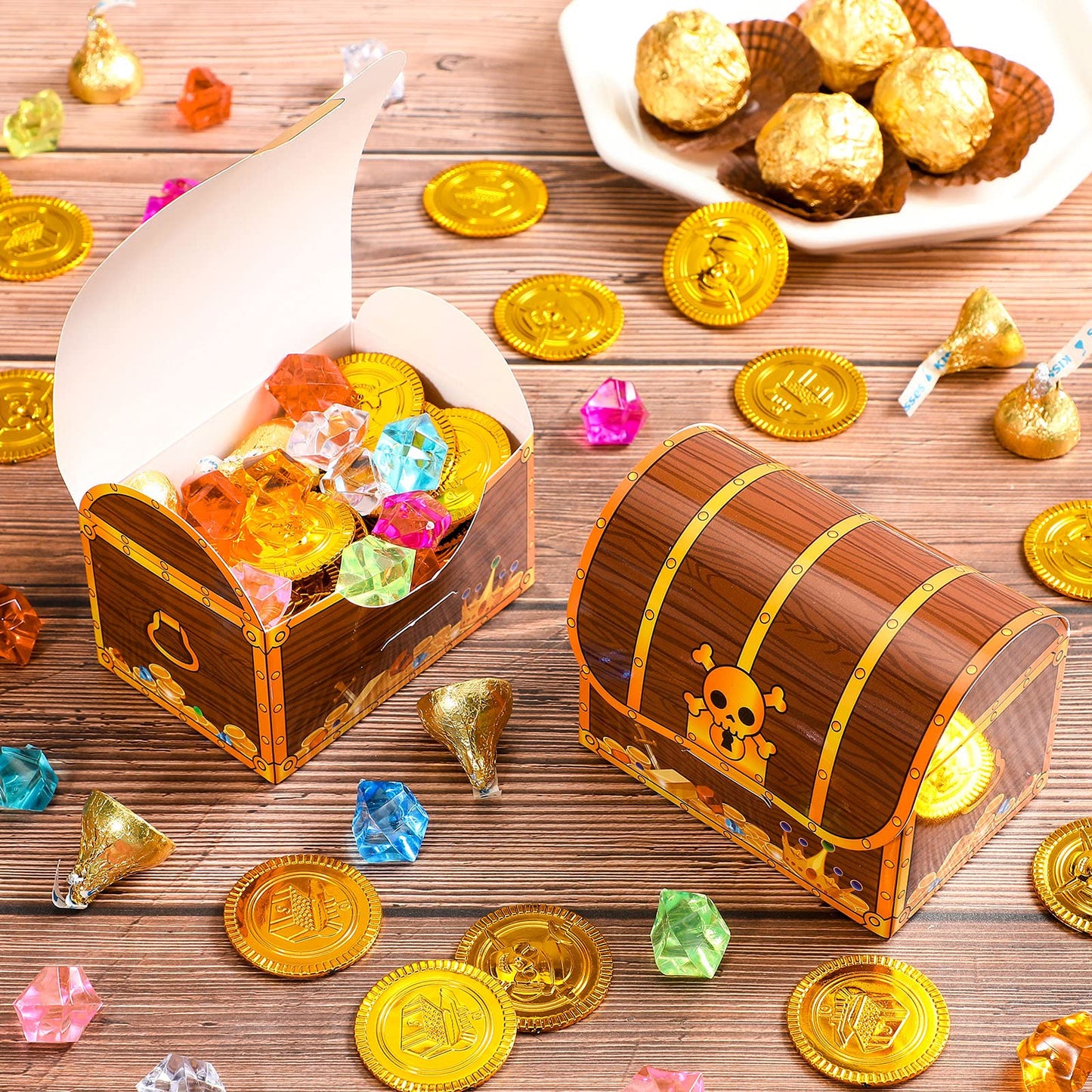 Chinco Treasure Treat Chest Boxes Cardboard Pirate Treasure Chest Party Favor Box Present Goodie Boxes for Halloween Game Pirate Theme Party（48 Pcs）