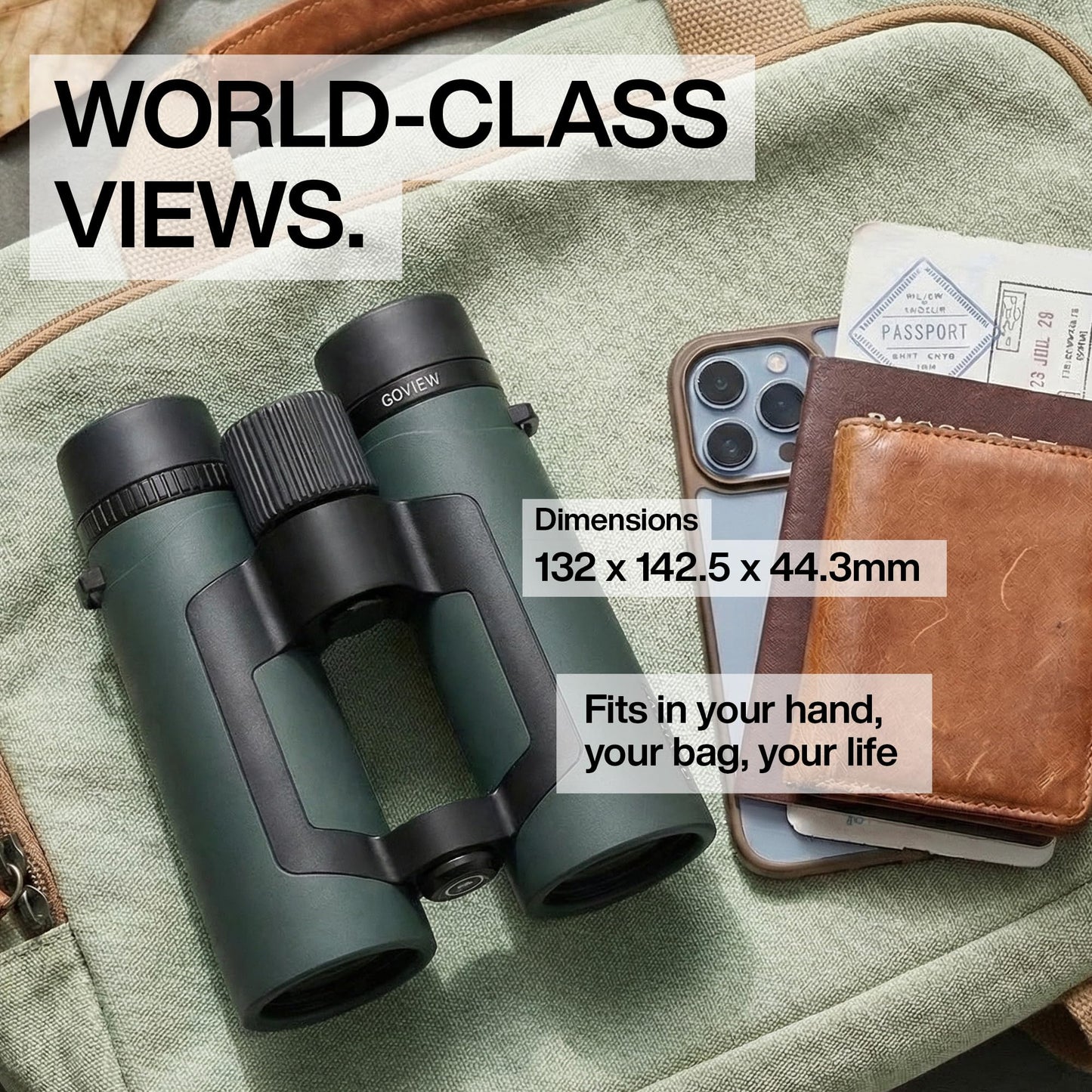 GOVIEW ZOOMR 10x42 Binoculars — Lightweight, Durbale Binoculars for Adults w/Smartphone Adapter GFRP Housing, Anti-Fog & Multi-Coated Lens — for Birdwatching, Wildlife, Boating, Oak Green