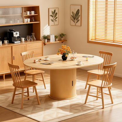 Wildhome Extendable Round Dining Table for 2-4-6, 59 Inch Dining Room Kitchen Table with 2-Tier Storage Shelf, Modern Farmhouse Fluted Wood Slide Door Dinner Furniture,Oval Circle,Oak