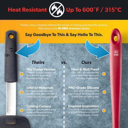 DI ORO Silicone Slotted Spoon - 600°F High Heat Silicone Spoon for Cooking Nonstick Cookware Safe - Silicone Kitchen Spoon for Serving & Stirring - Large Spoon for Mixing - Dishwasher Safe (Red)
