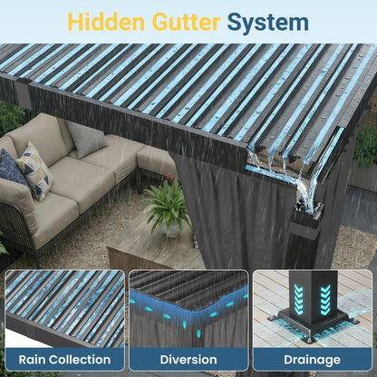 12' x 20' Louvered Pergola, Metal Outdoor Pergola with Adjustable Louvered Roof, Curtains & Netting, Gutter System, Hardtop Patio Gazebo for Patio, Deck, Garden, Yard, Dark Gray