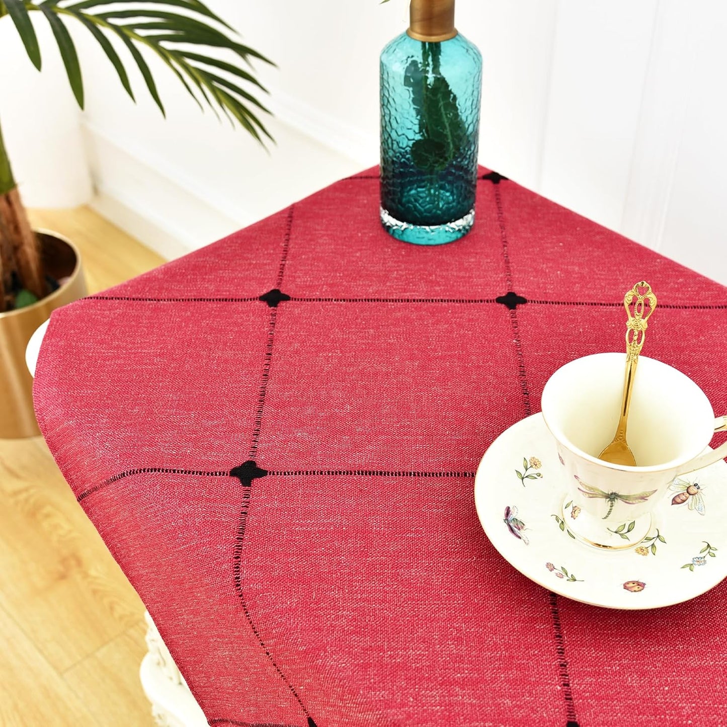 24 24 inch NEWISHER Farmhouse Embroidered Plaid Tablecloth Lattice Fabric Bedside Table Cloth Rustic Checkered Red