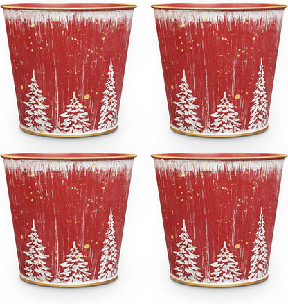 5.9in 4Pcs Putuo Decor Christmas Planters Pots, Small Metal Tin Buckets with Christmas Tree Pattern, Round Galvanized