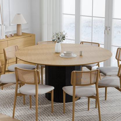 Casaphoria 60 inch Round Dining Table for 8 - Natural Top & Black Pedestal Base - Two-Tone Modern Kitchen Table - Large Circular Dining Room Table