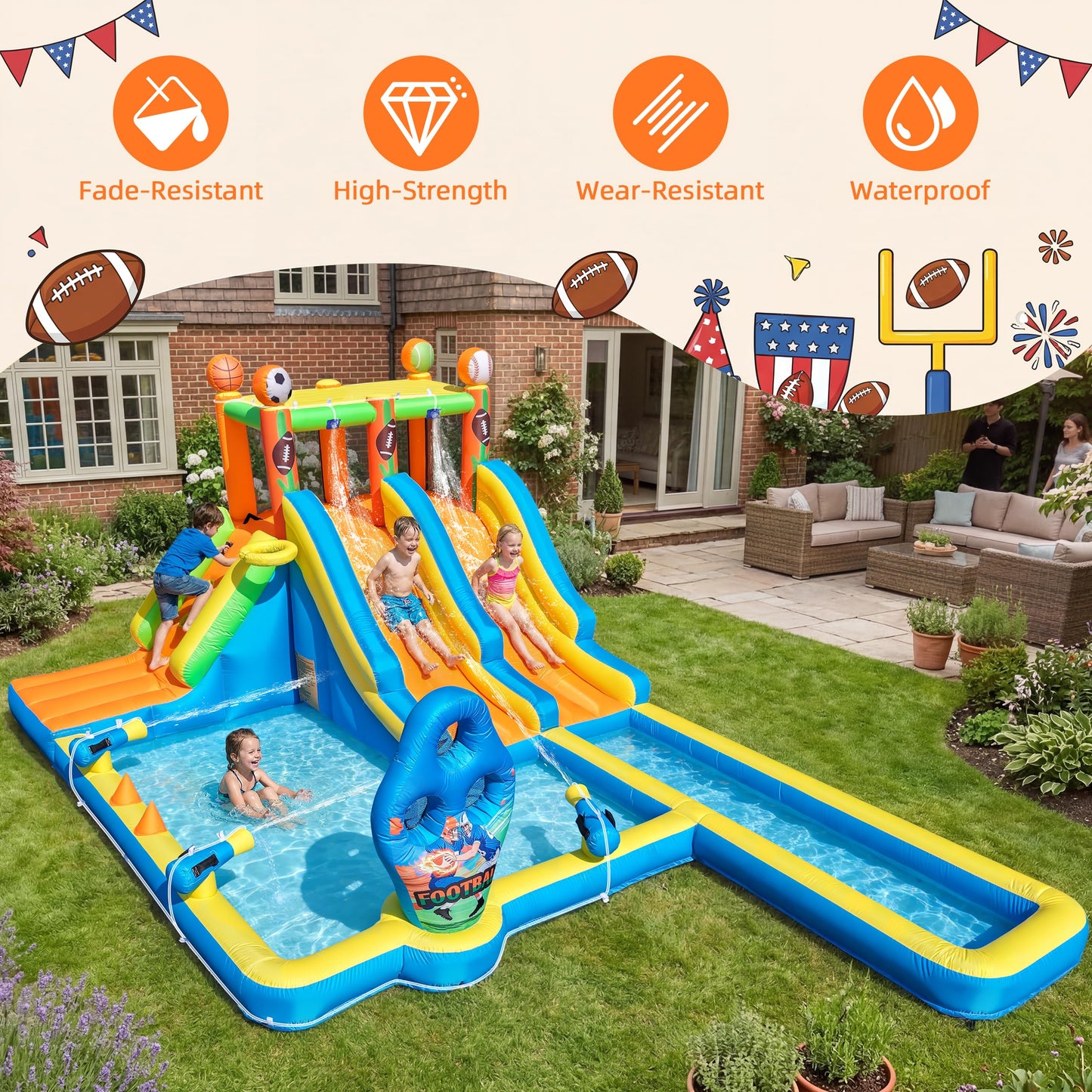 TOAOB Inflatable Water Slide for Kids 3-12: Blow Up Backyard Water Park with 2 Slides - 9 in 1 Football-Themed with 550W Blower for Outdoor Birthday Party