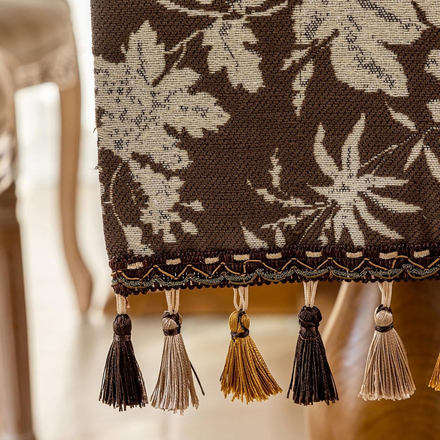 13 48 Inch Floral Dark Brown Table Runner for Living Room Jacquard Flower Dining Table Runner with Tassels Modern