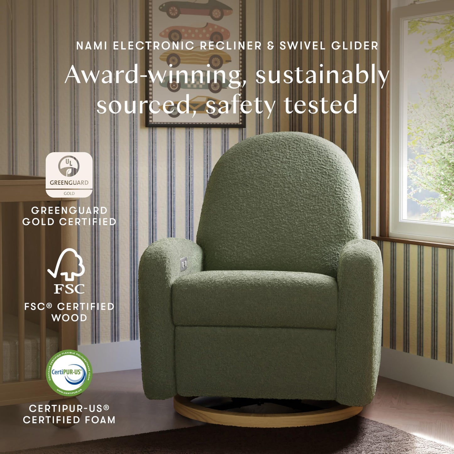 Babyletto Nami Electronic Power Recliner and Swivel Glider with USB Port in Olive Boucle with Light Wood Base, Water Repellent & Stain Resistant, Greenguard Gold and CertiPUR-US Certified