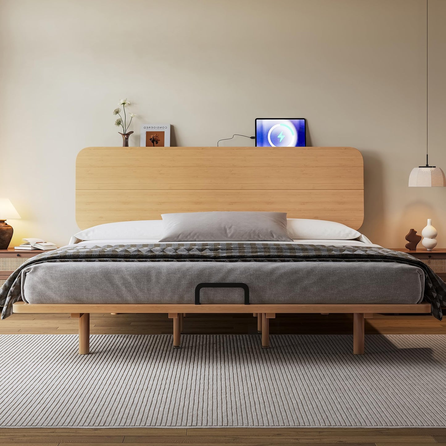 KEIKI King Size Bamboo Platform Bed with Headboard and USB Ports, Mid-Century Modern Floating Bed Frame with Solid Support Slats, No Box Spring Needed, Easy Assembly, Noise Free, for Bedroom, Natural