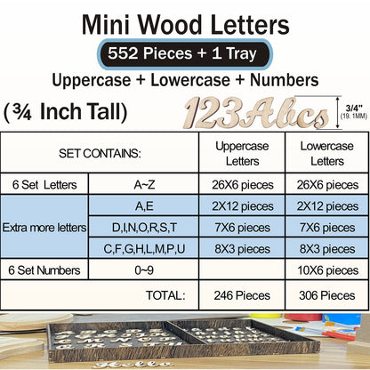 552 Pieces 0.75 Inch Mini Unfinished Wooden Letters Uppercase & Lowercase Unpainted Wooden Numbers Blank Wood Letters Storage for Scrapbooking Crafts