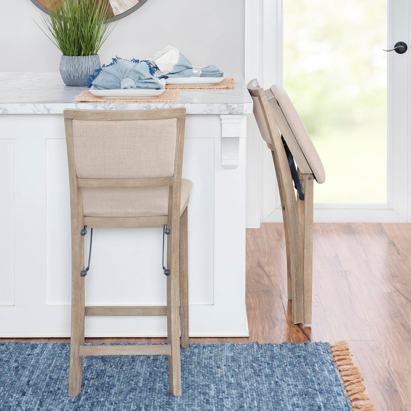 Linon Keira Natural Rustic Wooden Folding 25 Inch Seat Height Counter Stool with Beige Upholstered Seat and Back