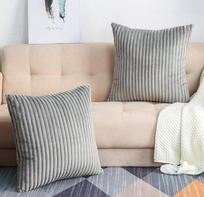 TangDepot Set of 2 Soft Plush Velvet Big Striped Corduroy Decorative Throw Pillow Covers, 24"x24" Grey