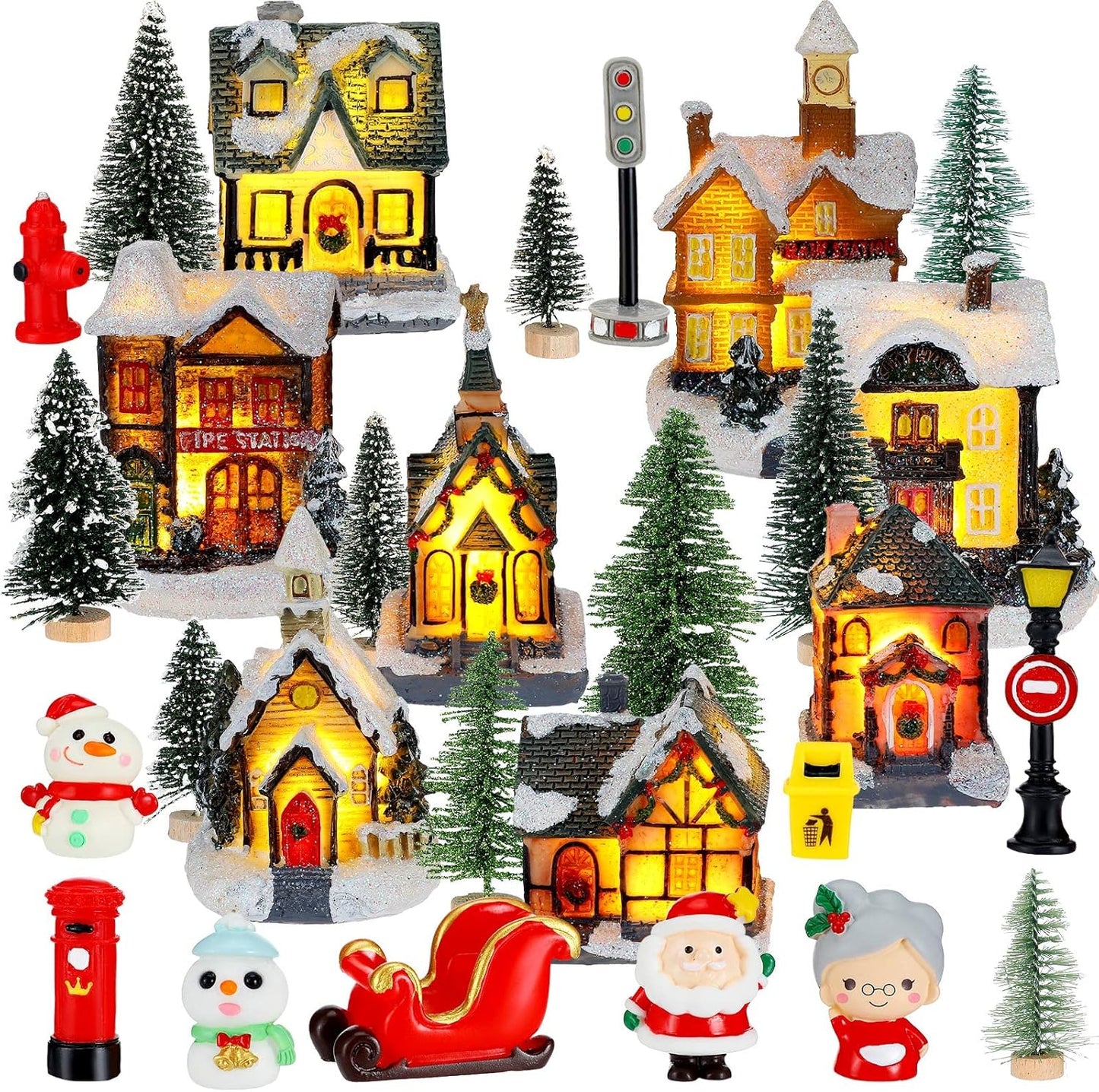 29 Set Woanger Pieces Christmas Village LED Lighted Houses for Christmas Village Xmas Scene Figurines Decoration