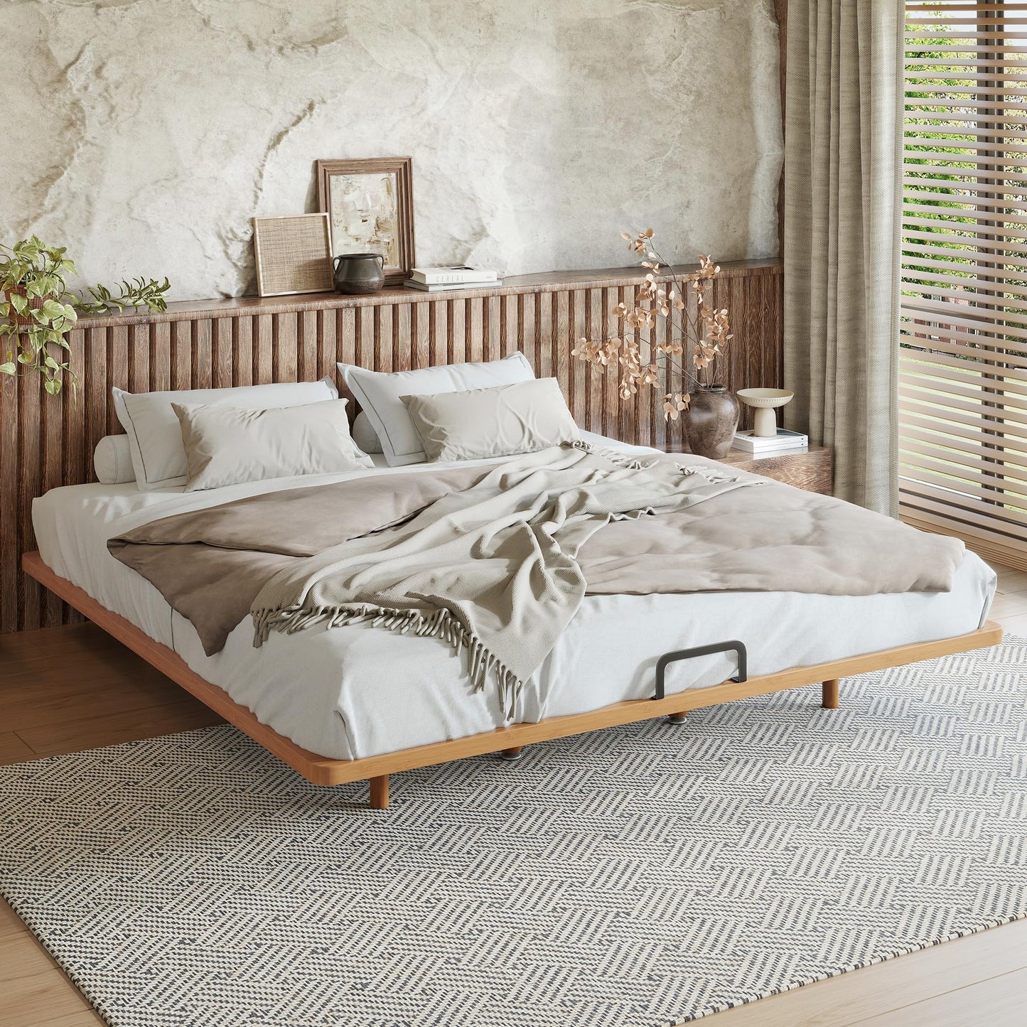 KEIKI King Size Bamboo Platform Bed, Mid-Century Modern Style Floating Bed Frame with Wooden Solid Support Slats, No Box Spring Needed, Easy Assembly, Noise Free, for Bedroom, Guest Rooms, Natural