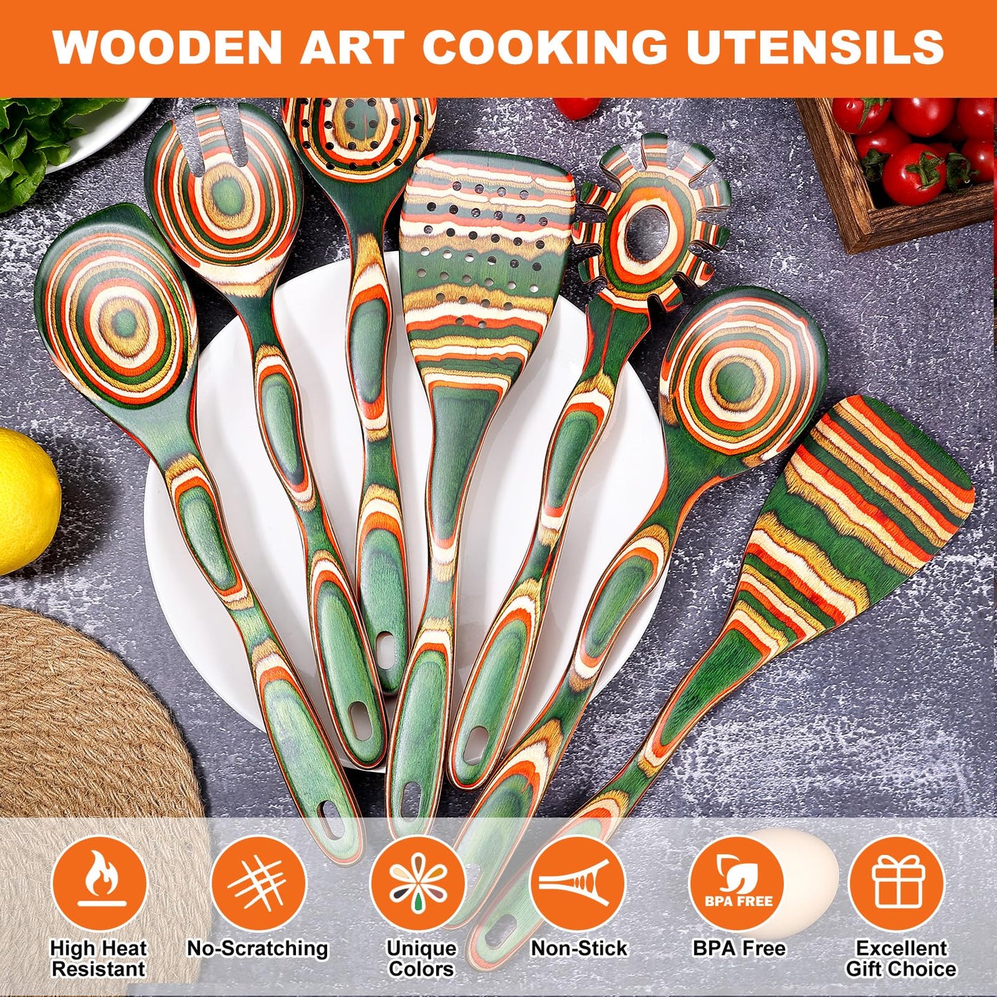 NAYAHOSE 7Pcs Pakkawood Kitchen Utensils Set for Cooking, Wooden Spoons for Cooking, Safe Eco-Friendly, Non-Stick, Wooden Utensil for Cooking,Wooden Cookware Set, Housewarming Kitchen Gifts, Green