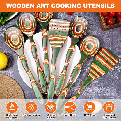NAYAHOSE 7Pcs Pakkawood Kitchen Utensils Set for Cooking, Wooden Spoons for Cooking, Safe Eco-Friendly, Non-Stick, Wooden Utensil for Cooking,Wooden Cookware Set, Housewarming Kitchen Gifts, Green