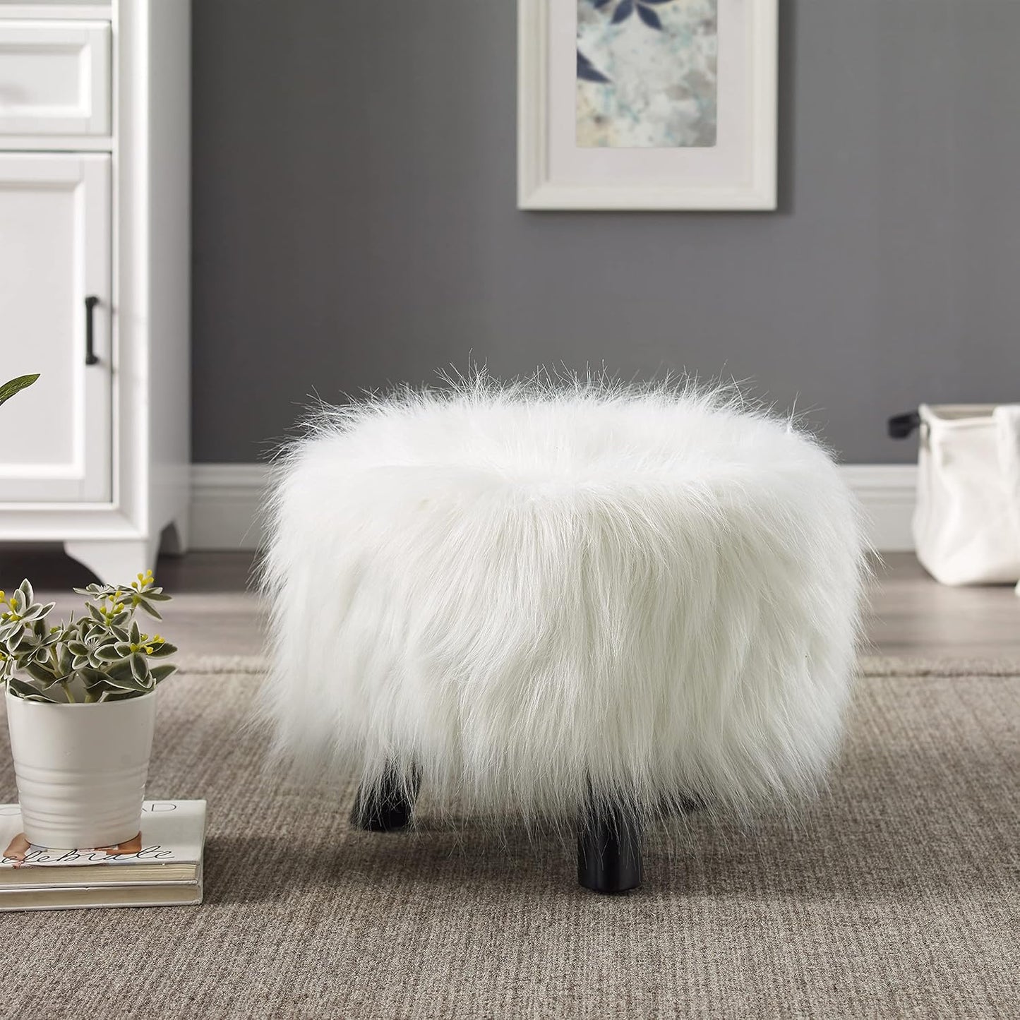 Linon Flokati Foot Stool, 16-Inch, White, 16"W x 16"D x 12.6"H