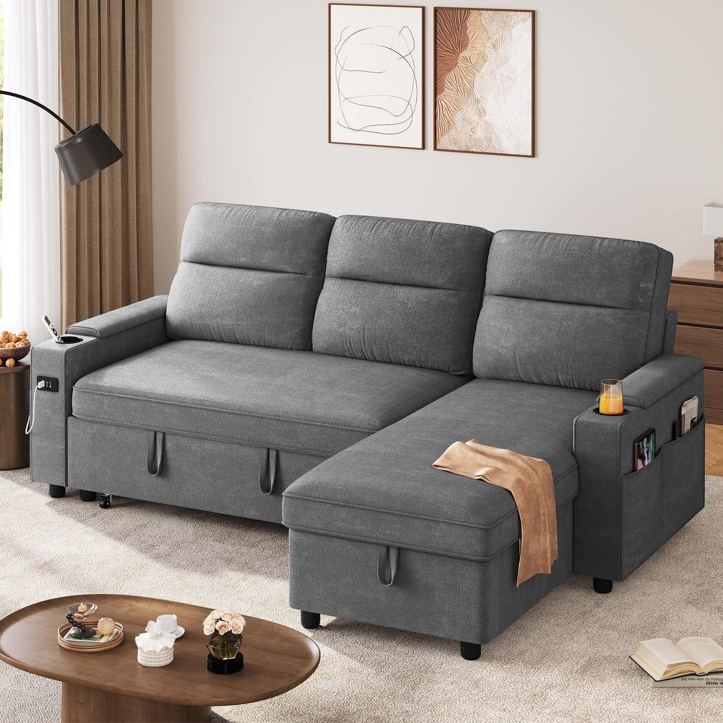 DWVO Convertible Sleeper Sofa with Adjustable Backrest & Pull Out Bed, L-Shaped Sectional Sofa Bed with Armrest & USB Port, Upholstered Sectional Couch for Living Room, No-Tool Assembly, Grey