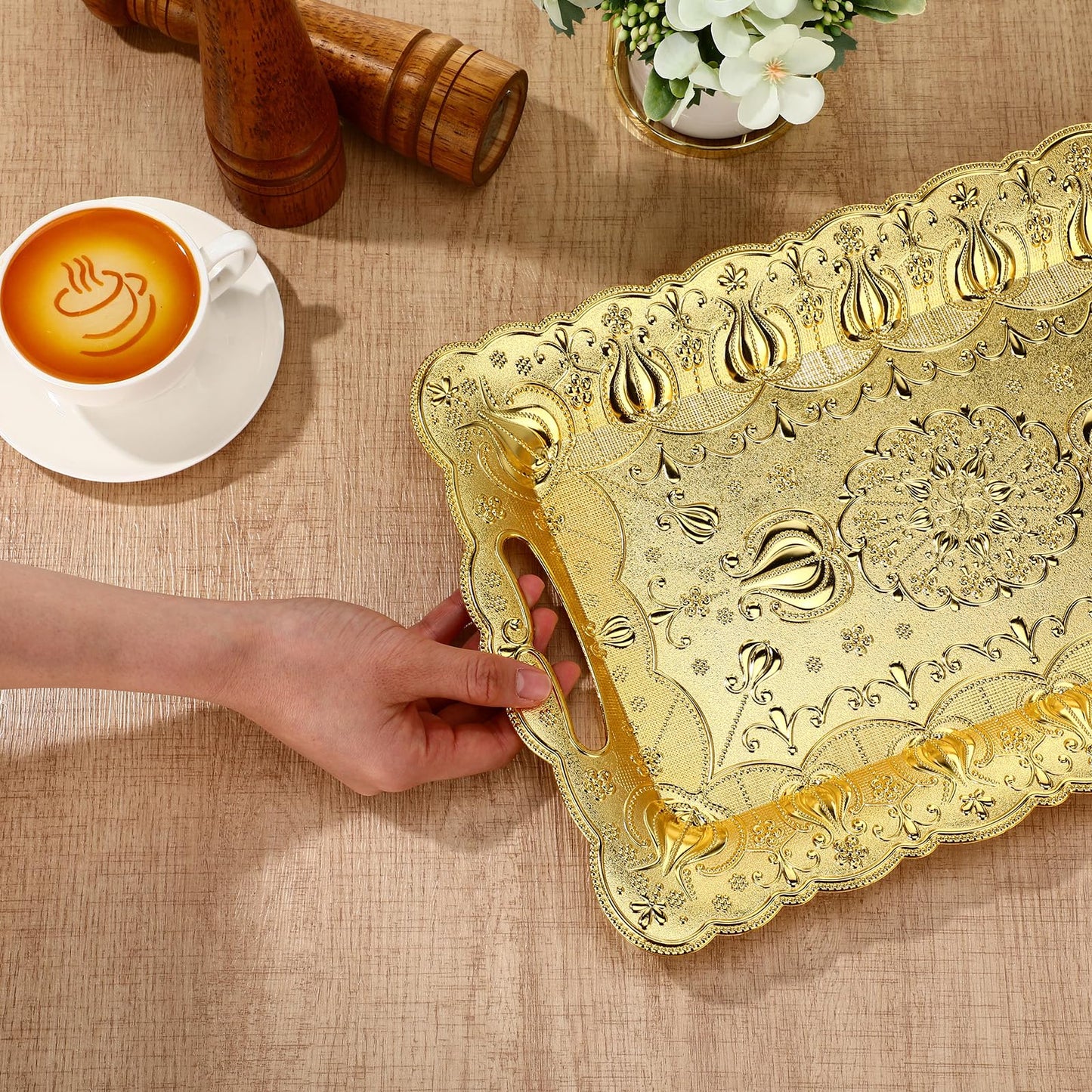 LemonRoad 6 Packs Plastic Gold Serving Trays with Handles 17 x 11 inch Retro 3D Embossed Rectangle Reusable Party Snack Decorative Serving Trays for Tea Coffee Fruit Dessert