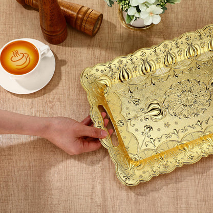 LemonRoad 6 Packs Plastic Gold Serving Trays with Handles 17 x 11 inch Retro 3D Embossed Rectangle Reusable Party Snack Decorative Serving Trays for Tea Coffee Fruit Dessert