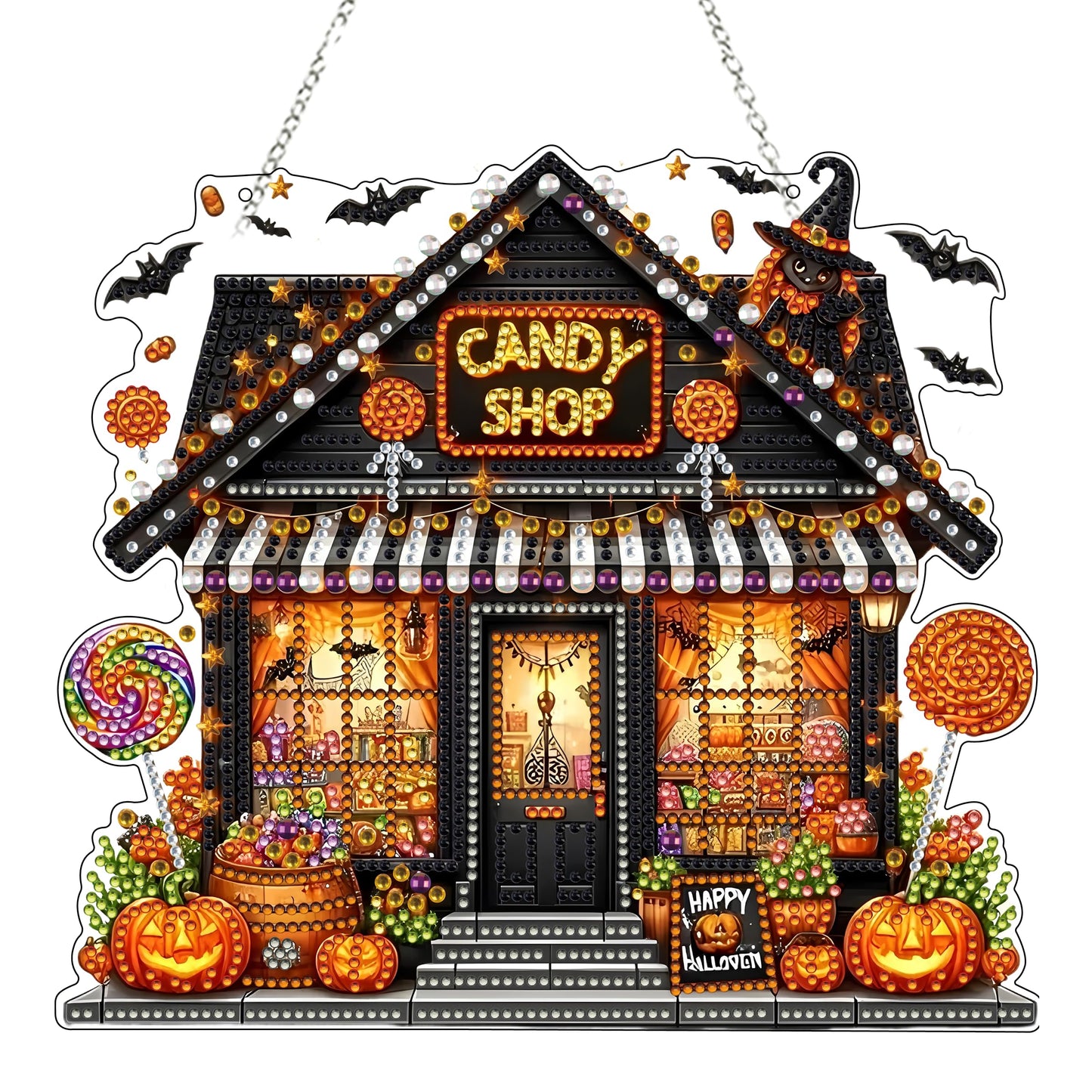 JJFox Diamond Art Hanging Kit for Adult,Special Shaped Rhinestone,DIY Acrylic Diamond Art Painting Window Pendants Home Garden Wall Hanging Kits Hanging Ornament (Candy House)
