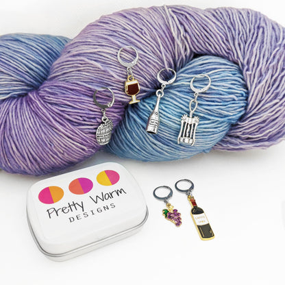 Pretty Warm Designs Wine Lover Locking Stitch Markers - Sip & Stitch Progress Keepers for Knitters and Crocheters - Set of 6 Handcrafted Accessories in Hinged Crafting Container