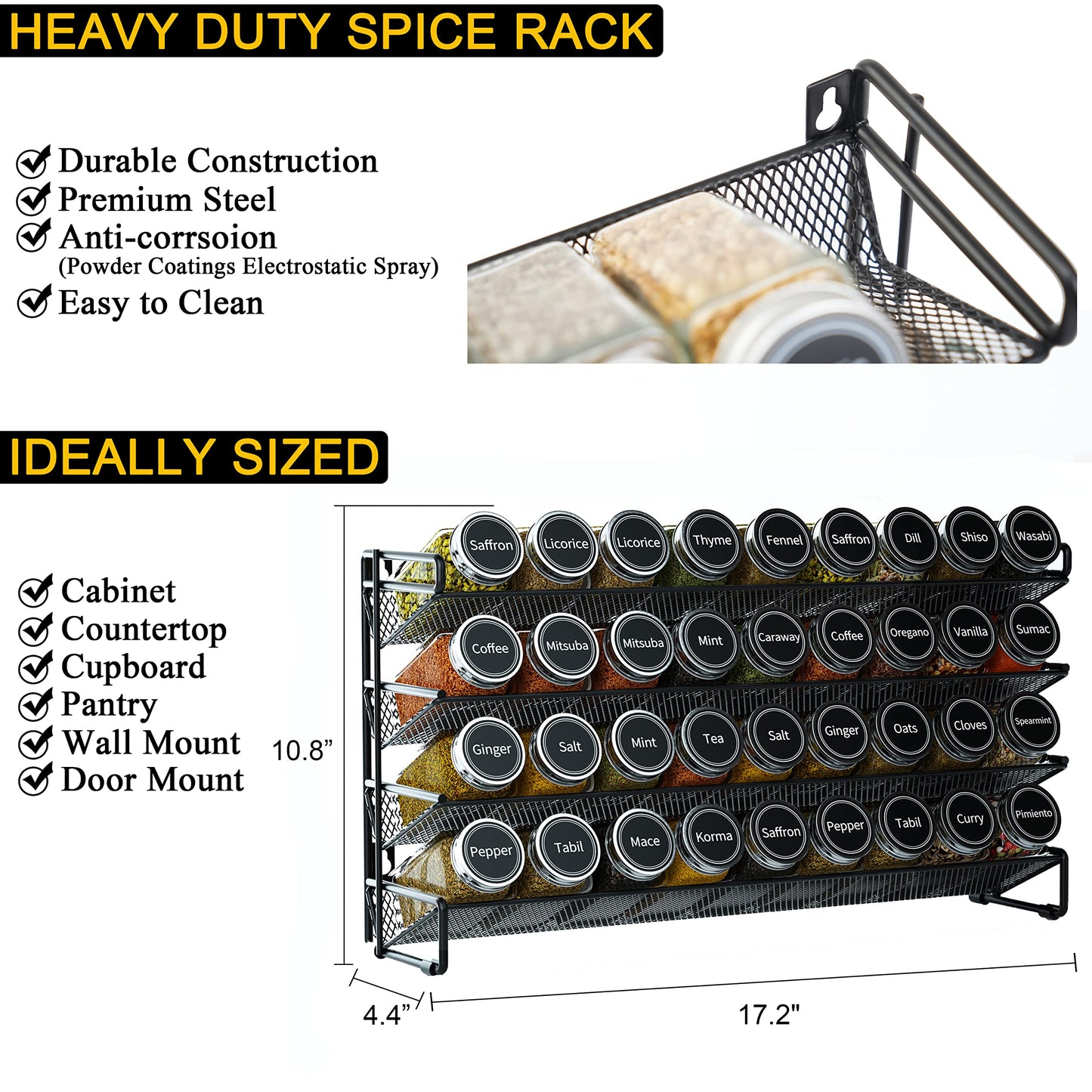 SpaceAid Spice Rack Organizer with 36 Spice Jars, 386 Spice Labels, Chalk Marker and Funnel Set for Cabinet, Countertop, Pantry, Cupboard or Door & Wall Mount - 36 Jars, 17.2" W × 10.8" H, Black