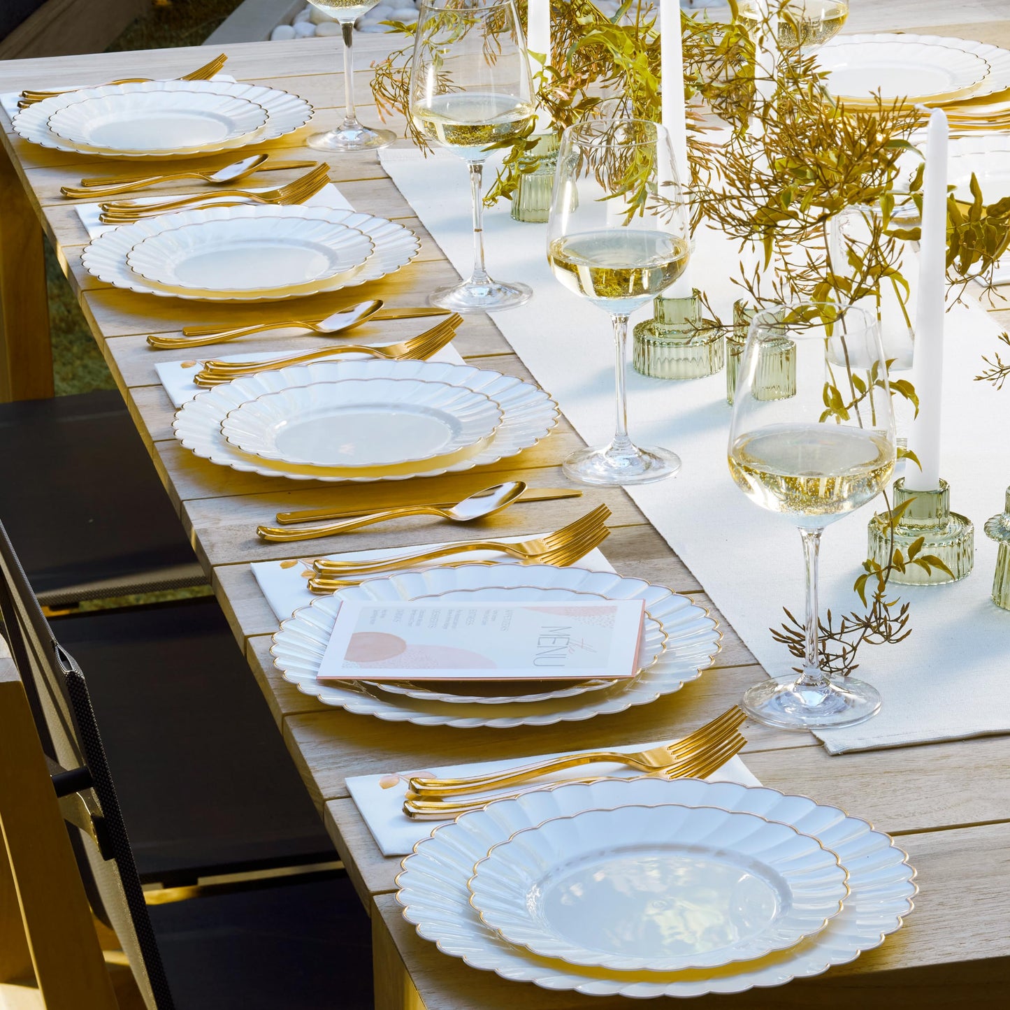 By Madee HEAVYWEIGHT 100 Pc Scalloped Ivory & Gold Plastic Plates for Party | 50 Dinner & 50 Dessert Disposable Plates Heavy Duty | Elegant & Fancy for Wedding, Baby Shower, Bridal Shower - 50 Guests