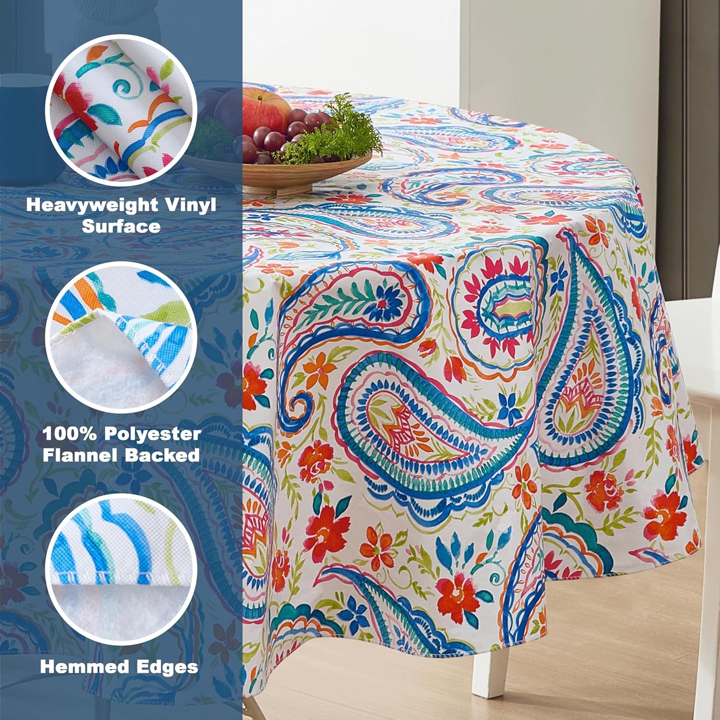 Newbridge Boho Chic Paisley Vinyl Tablecloth with Flannel Backing, 70 Inch Round, Blue Red Pink Floral Print