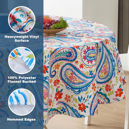 Newbridge Boho Chic Paisley Vinyl Tablecloth with Flannel Backing, 70 Inch Round, Blue Red Pink Floral Print