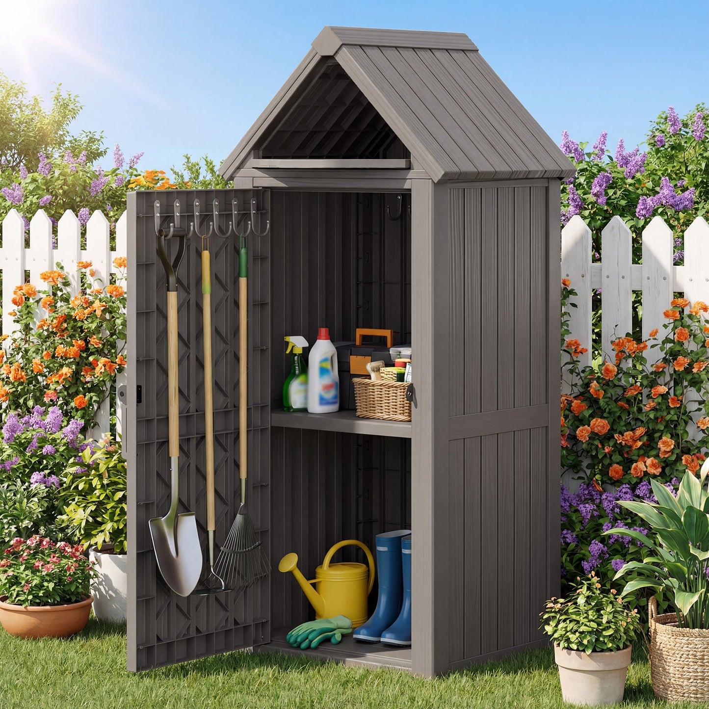 WTFGO Vertical Outdoor Storage Shed, Waterproof Resin Outdoor Storage Cabinet with Removable Shelves & 12 Hooks, Lockable Small Tool Shed for Garden, Backyard, Patio, Pool, Classic Gray
