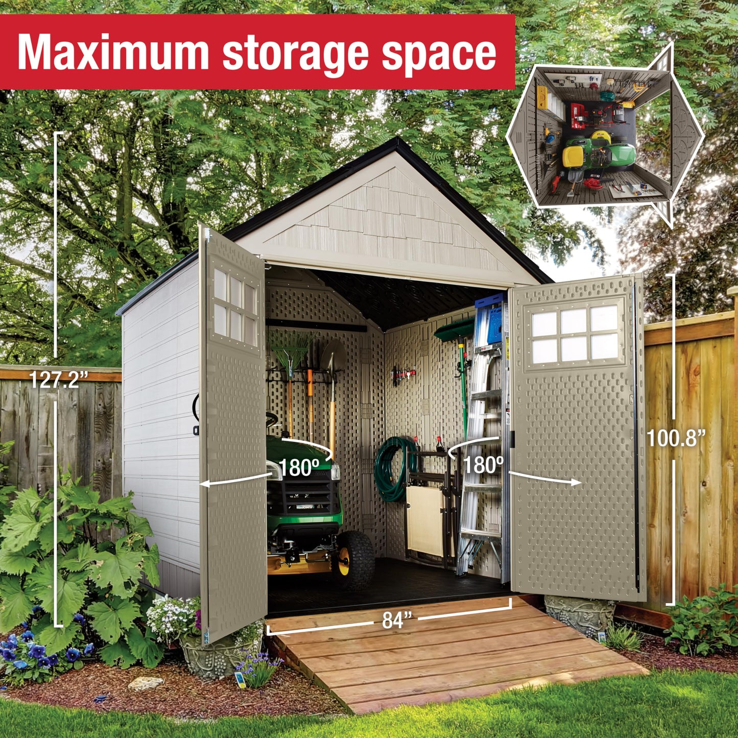 Rubbermaid 7 Foot by 7 Foot Weatherproof Outdoor Storage Shed for Garden Tools and Lawn Machinery Organization with Lockable Double Door Sandstone