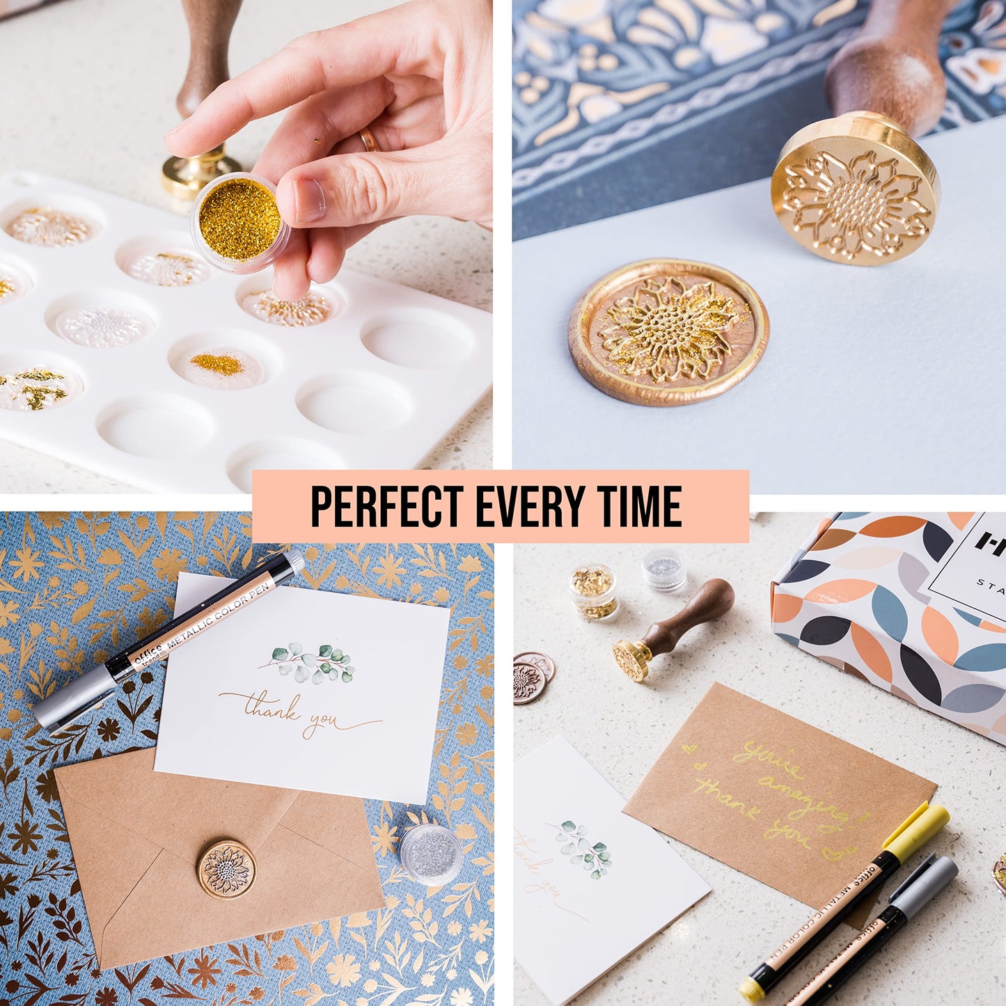 Hoppler Premium Wax Seal Kit with Seal Gun, Wax Sticks, a Flower Stamp, 12 Cavity Silicone Mold, and Extra Additions to Make Seals Stand Out and Make Invitations in Bulk.
