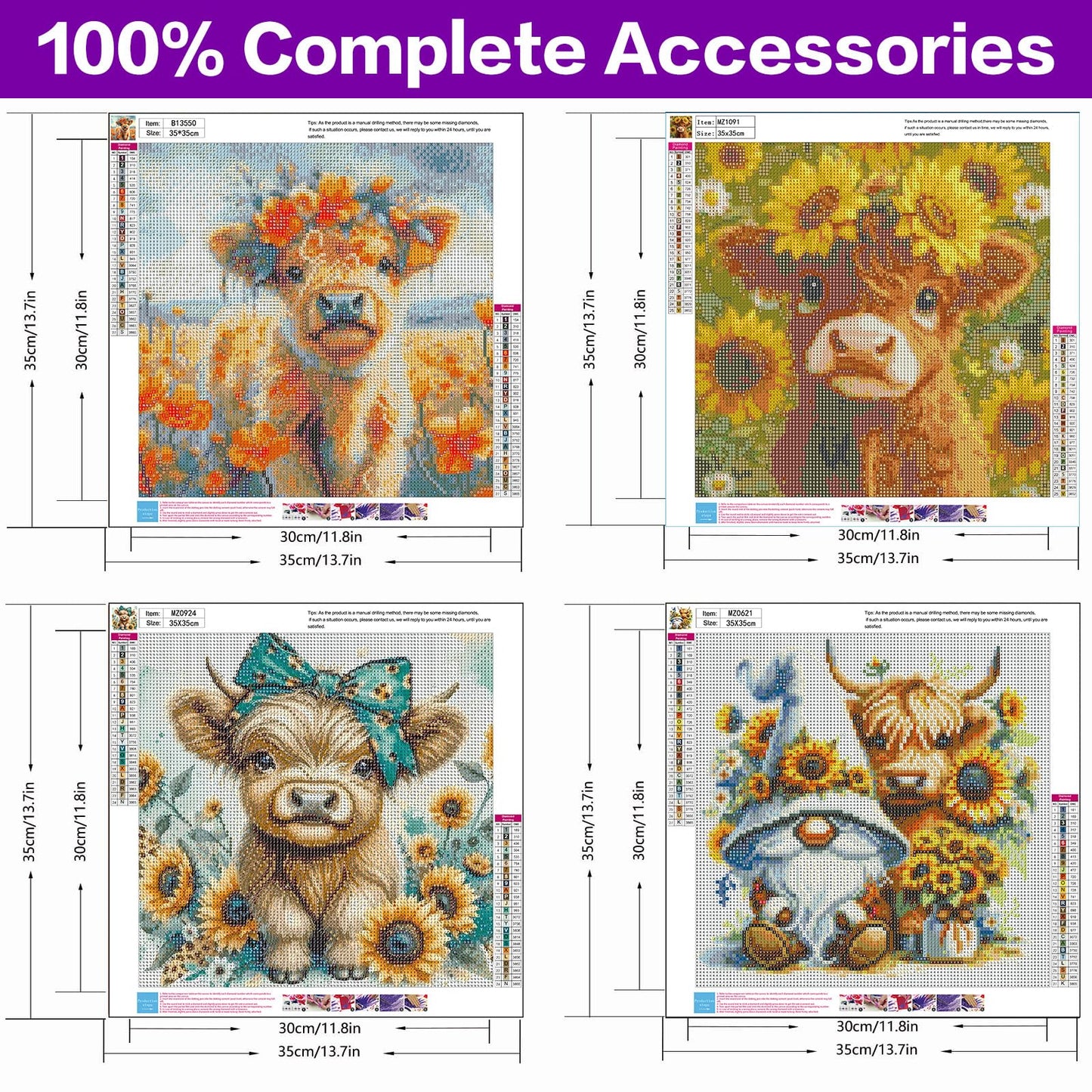 croshom Diamond Art Kits for Adults, 4 Packs Highland Cow & Flowers Diamond Art Painting Kits for Beginners, 5D DIY Full Drill Gem Craft for Adult Gifts, Home Wall Decor 14" x 14"