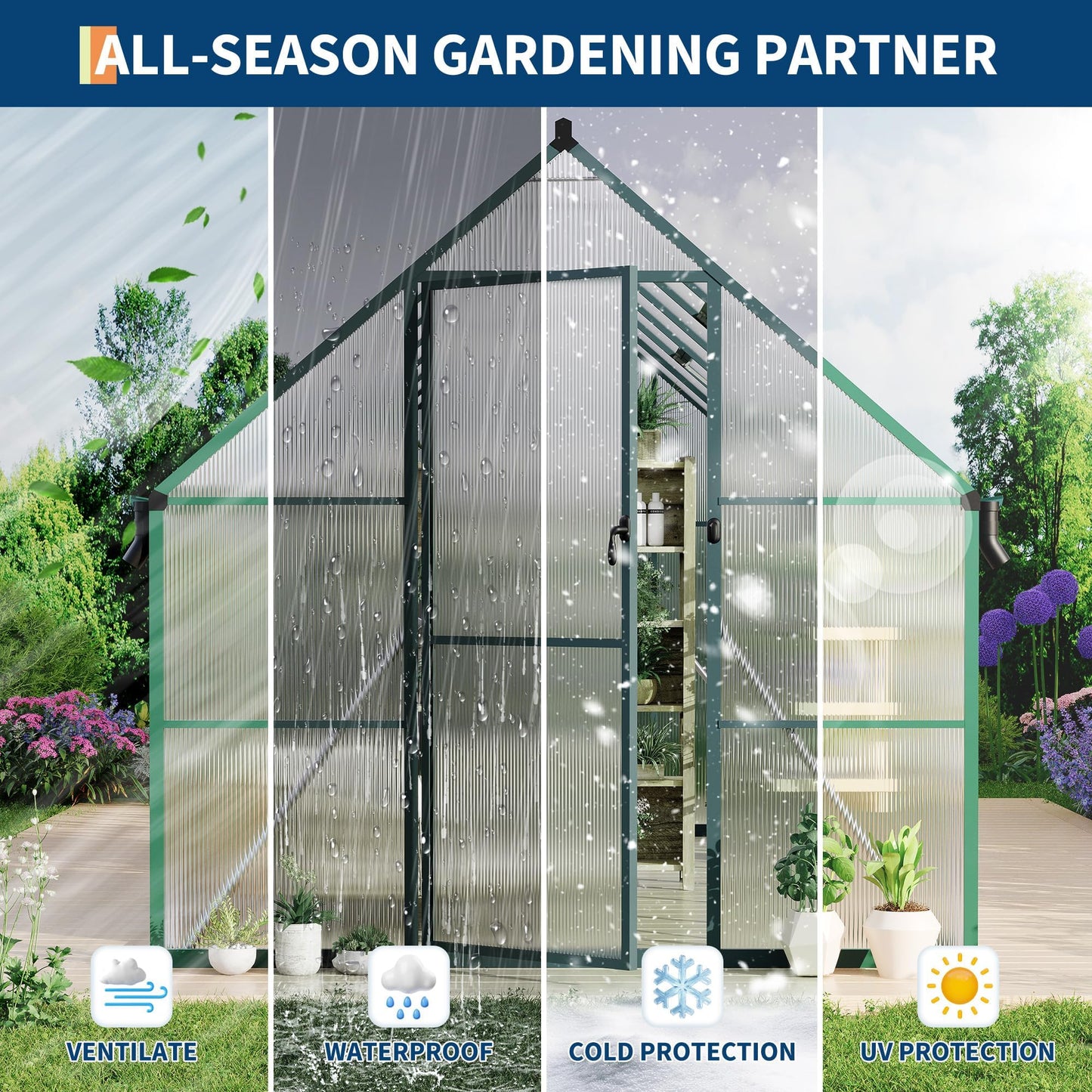 Polycarbonate Greenhouse for Outdoors, Large Walk-InGreenhouse with Quick Setup Structure and Roof Vent, Greenhouse with Ventilation