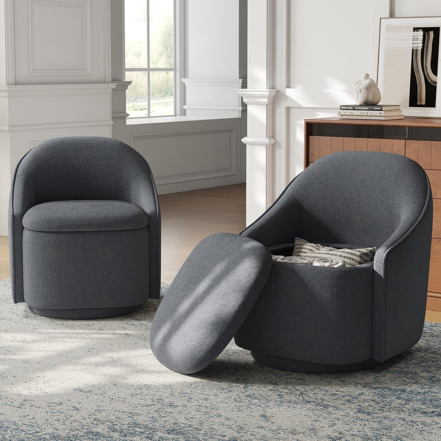 LINSY Swivel Accent Chair Set of 2, Comfy Chenille Barrel Chairs with Storage 360 Swivel Modern Armchair for Living Room Bedroom, Small Boucle Reading Chair for Study Room (Grey)