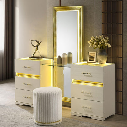 Furniture of America Mynar Modern Solid Wood 6-Drawer Makeup Vanity Set with Stool and LED Light, Dressing Table with Mirror, for Bedroom, Guest Room, Beige