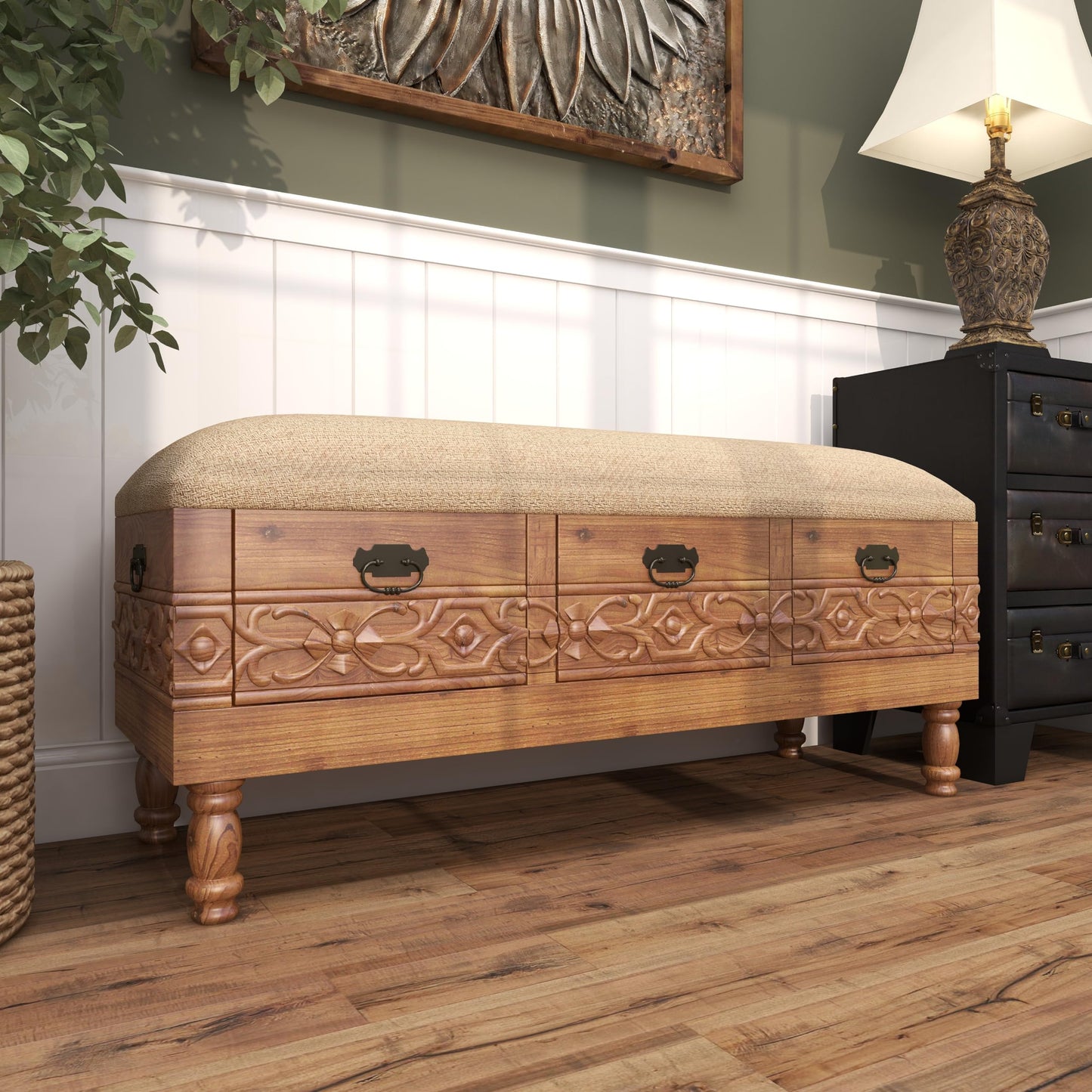 Deco 79 Wood Floral Room Storage Bench Intricately Carved Entryway Bench with Cream Burlap Top, Bench 47" x 16" x 20", Brown