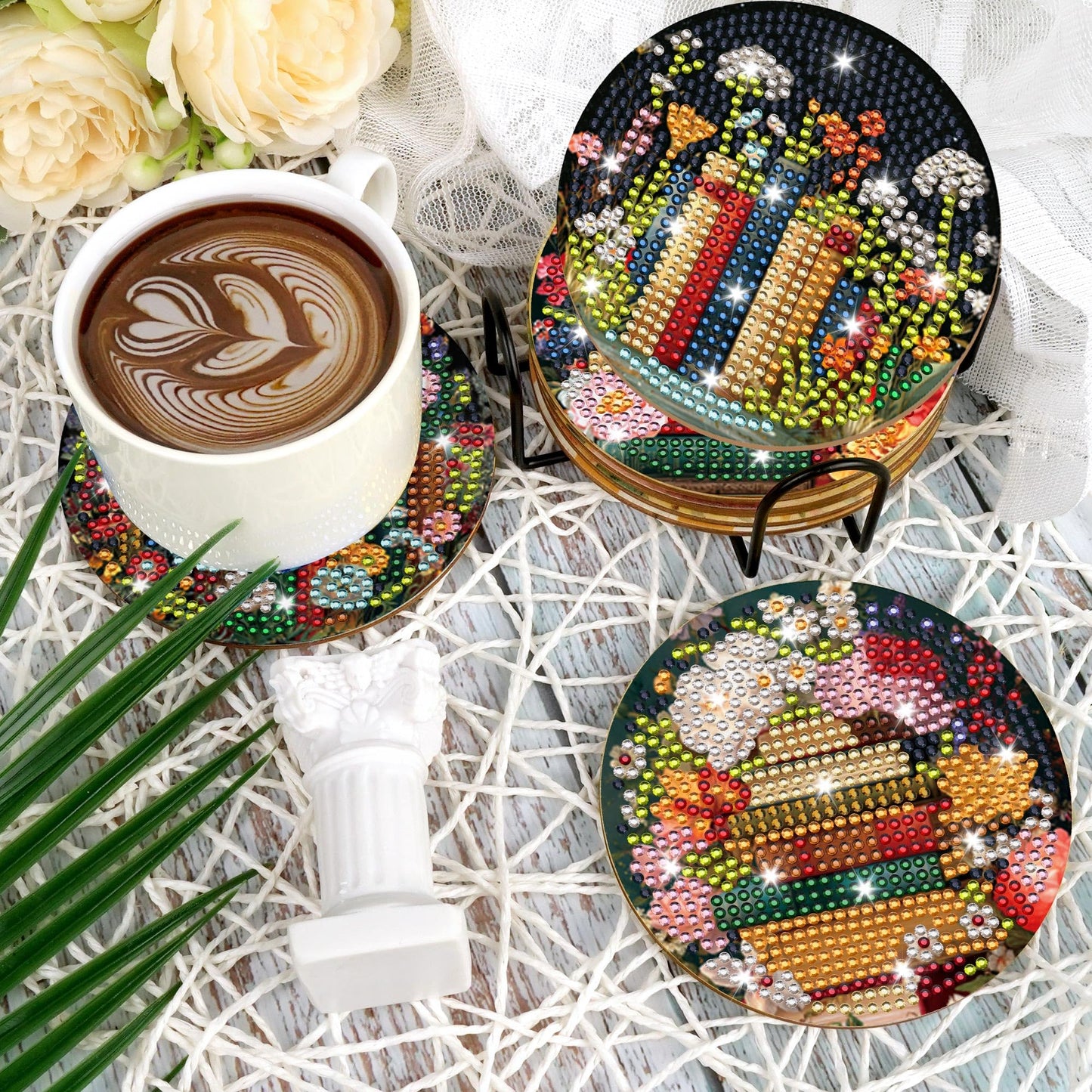 8 Pcs Book Diamond Art Coasters Kit with Holder and Cork Pads, Floral DIY Diamond Painting Coaster Kit for Adults Beginners, Round 4 Inch Drink Coasters Craft Set for Home Decor