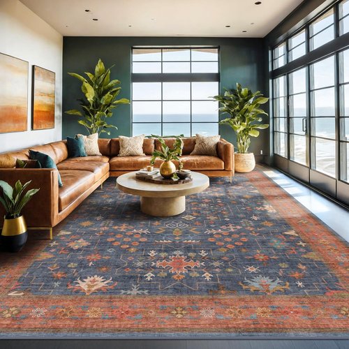 Hazo Haus Washable Navy Blue Area Rug - 7x10 Non-Slip, Stain Resistant for Living Room & Bedroom | Boho Home Decor