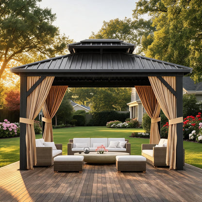 10x12 FT Hardtop Gazebo with Double Galvanized Steel Roof, Heavy-Duty Aluminum & Iron Frame, Mosquito Netting and Privacy Curtains, All-Weather Outdoor Pavilion for Patio Backyard Garden Deck, Khaki