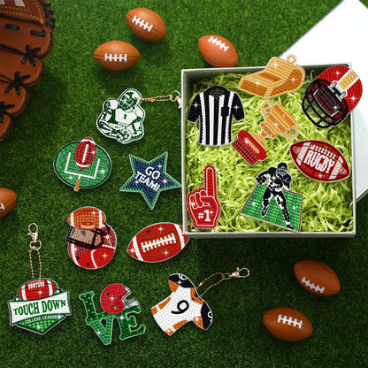 Yinkin 15 Pcs Football Diamond Art Keychains 5d Diamond Painting Keychain Football Party Decoration DIY Ornaments Pendant Kits for Adult